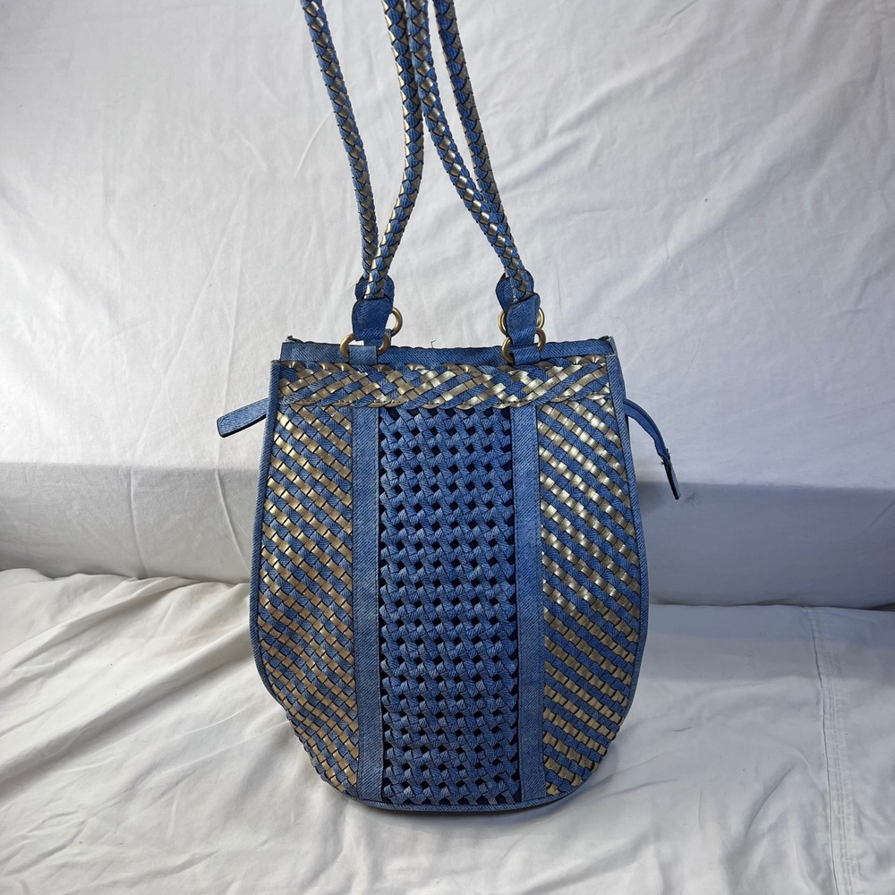 Blue Denim and Gold Woven Bucket Bag Braided Strap Shoulder Bag